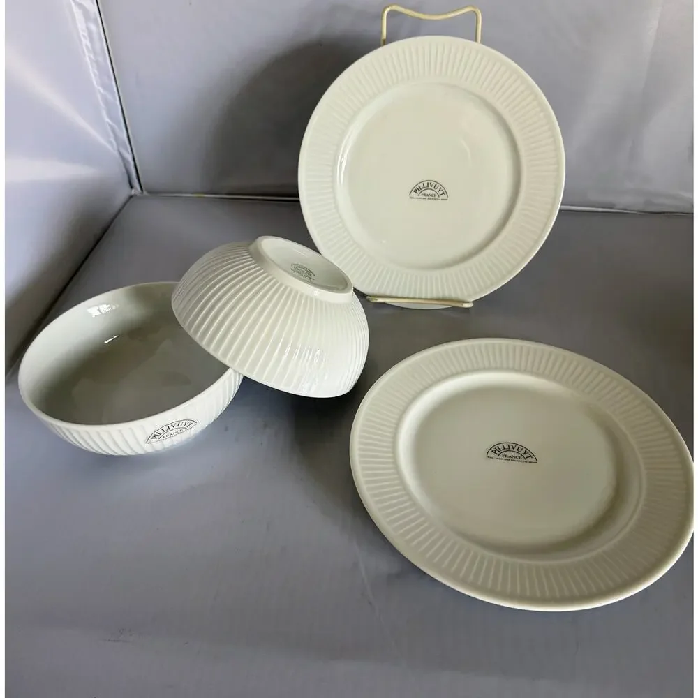 Pillivuyt France Plisse 4 Piece set of 2 Salad Bowls and 2 Salad Plates NEW